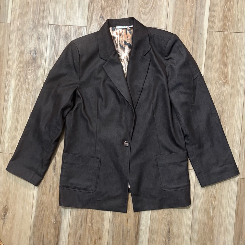 Susan Graver  XL  Brown City Denim Boyfriend Jacket Animal Print Lined Pockets